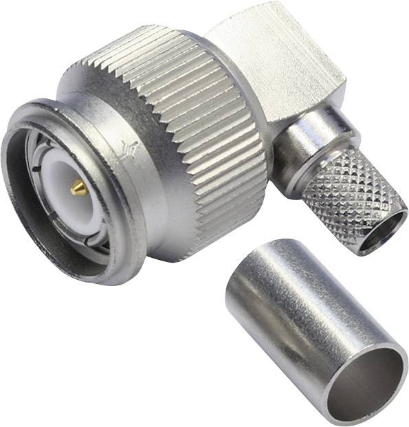Metal plug adapter with L-shaped socket and removable, knurled housing. Suitable for coaxial cable connections.