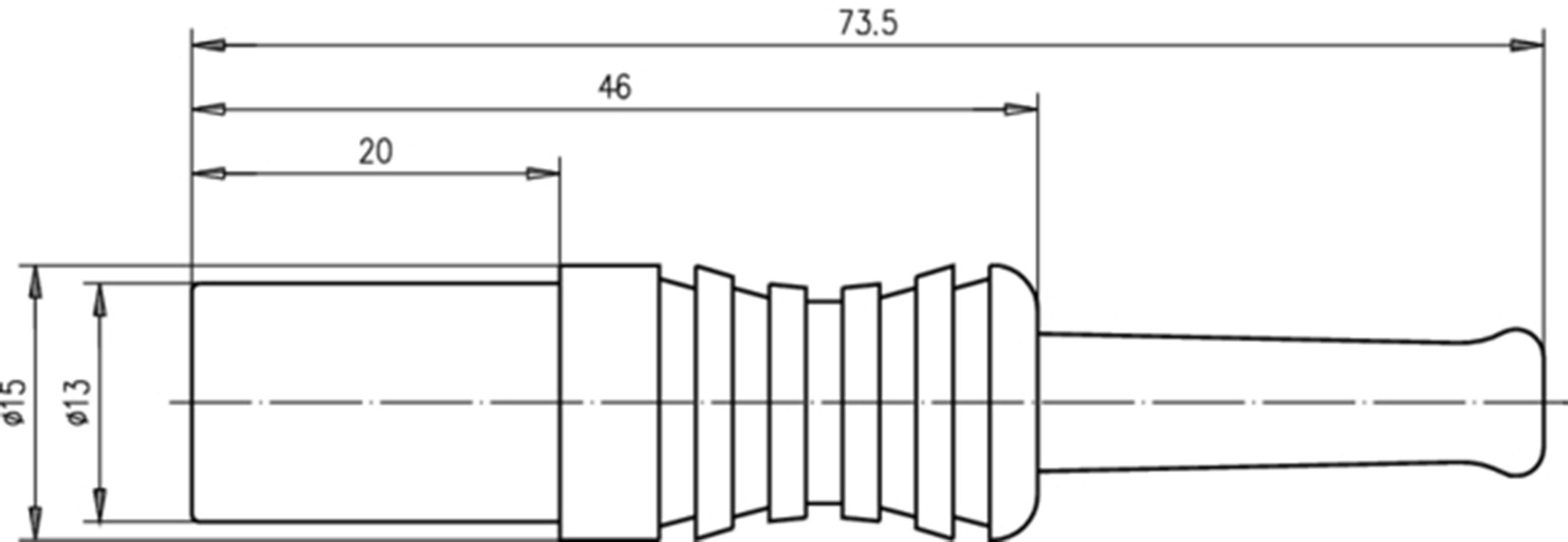 Technical drawing of a plug with dimensions: total length 73.5 mm, diameter 15 mm and 13 mm at different points.