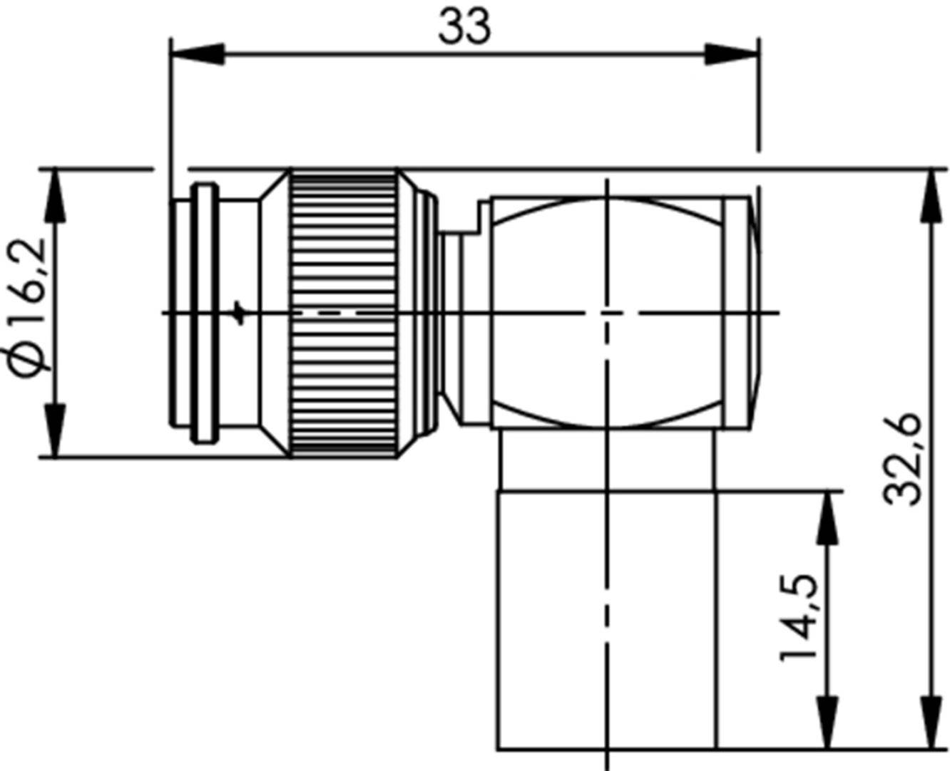 Diagram of a right-angled pipe connection with dimensions: 33 mm length, 16.2 mm and 14.5 mm height.