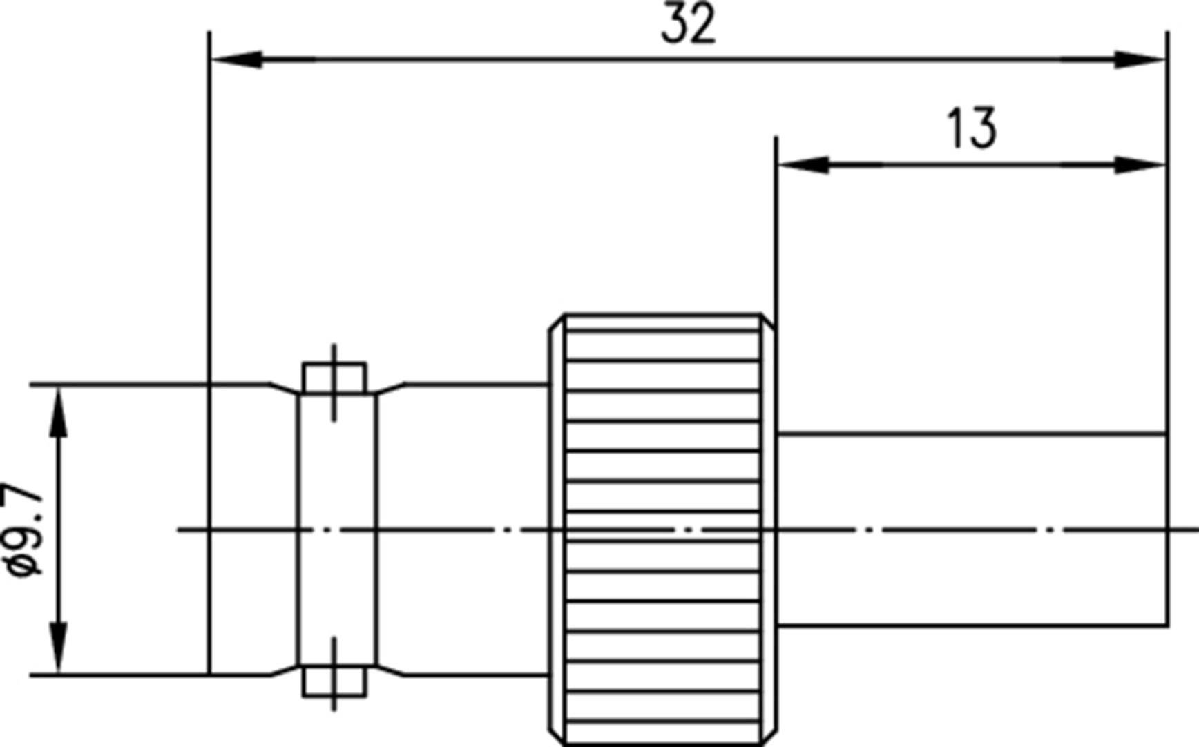 Technical drawing of a hose connector with dimensions: Total length 32 mm, Connection length 13 mm, Diameter 9.7 mm.