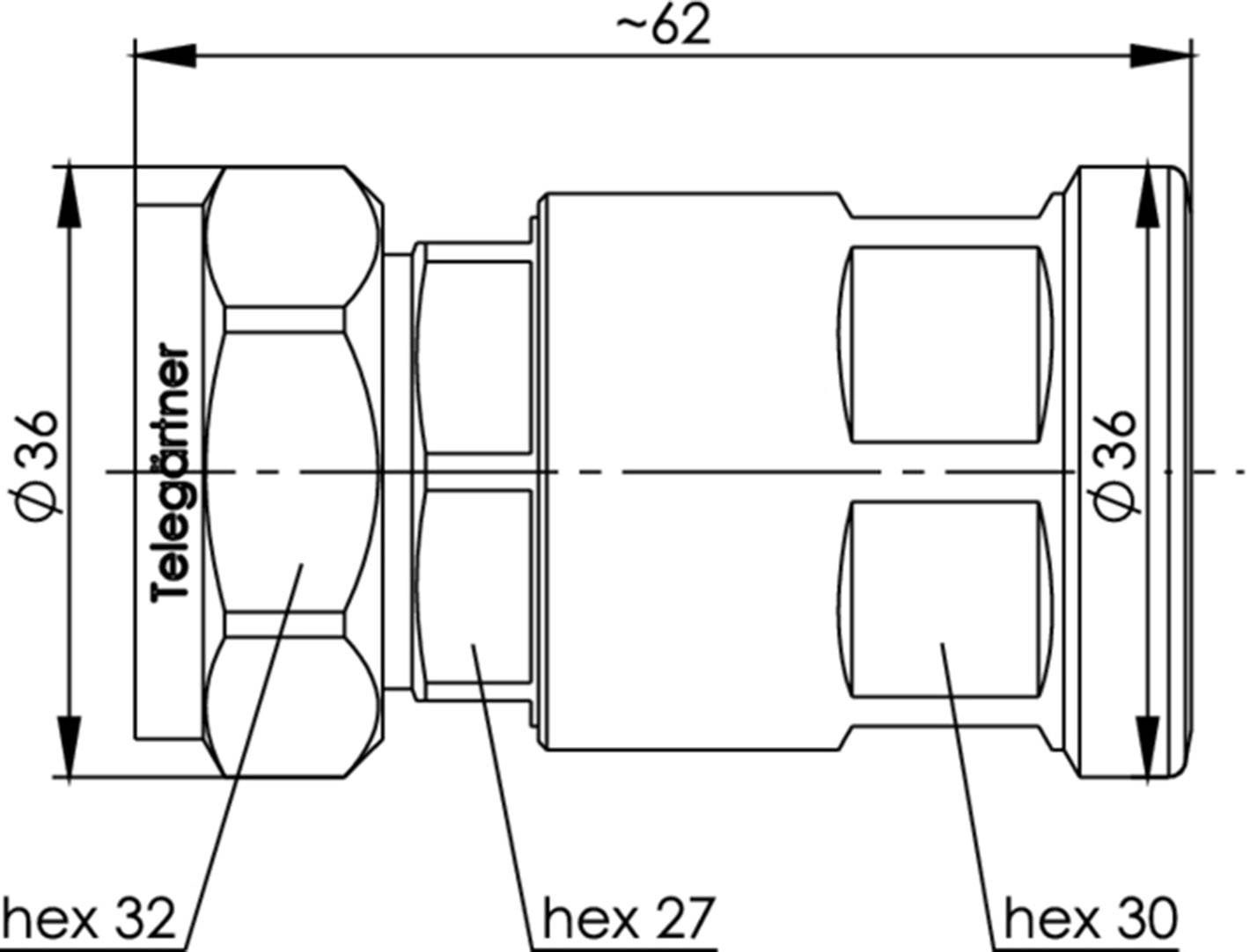 Technical drawing of a connector by Telegärtner. Dimensions: ~62mm length, Ø36mm width. Hexagon sizes: 32, 27, 30mm.