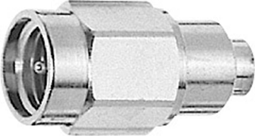 A silver RF coaxial adapter, cylindrical in shape, with a male connector end, shown against a white background.
