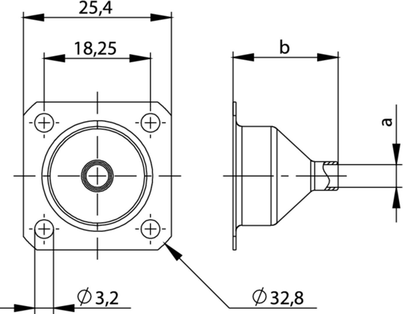 Technical drawing with dimensional specifications of a square flange and cylindrical, conical connection. Dimensions include 25.4, 18.25 and 32.8 mm.