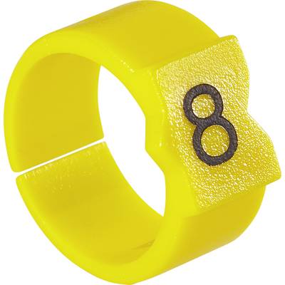 Yellow clip with the number '8', used for size marking in clothing stores.
