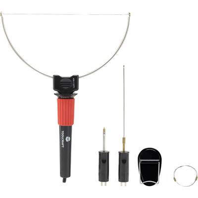A tool set comprising a cutting bow, a handle with a red ring, two attachments, and a black holder.