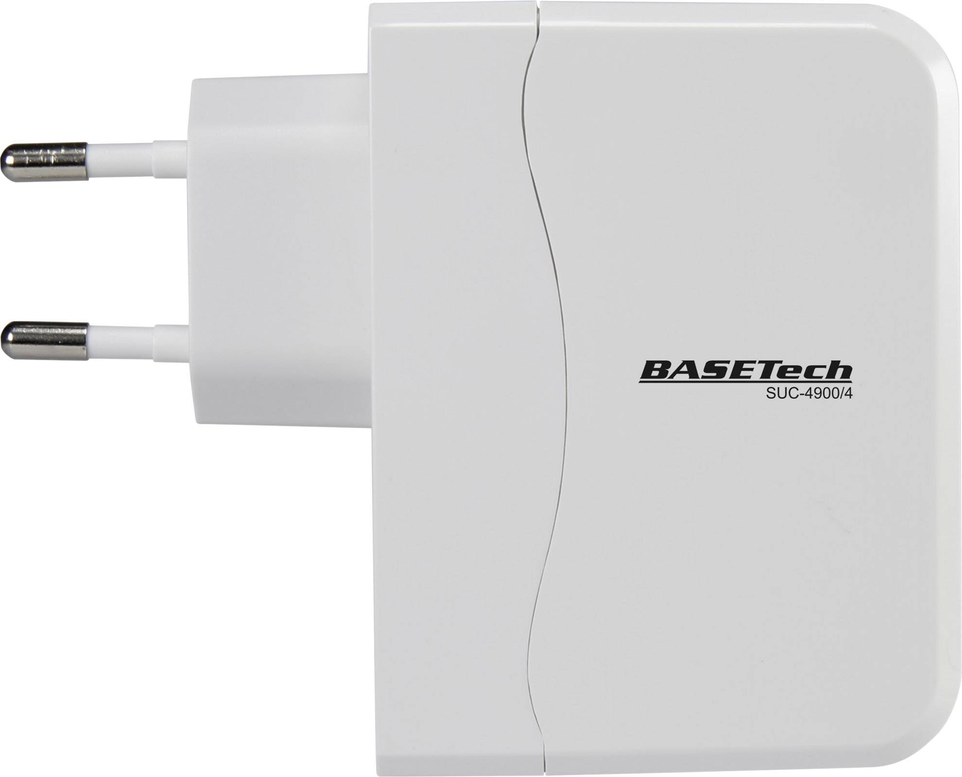 White USB charger with the print 'BASETch SUC-49004'. It has a European plug and is designed in a compact manner.