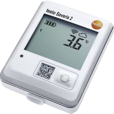 Digital thermometer 'testo Saveris 2' displays 3.6°C, with Wi-Fi symbol and battery status indicator, QR code at the bottom of the display.