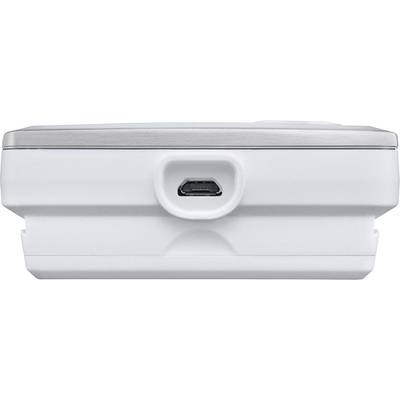 A white electronic device with a USB port in the centre; product view from above.