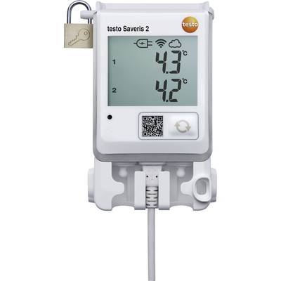 Digital thermometer mounted on wall, showing temperatures of 4.3°C and 4.2°C. Connection symbols at top, QR code at bottom.