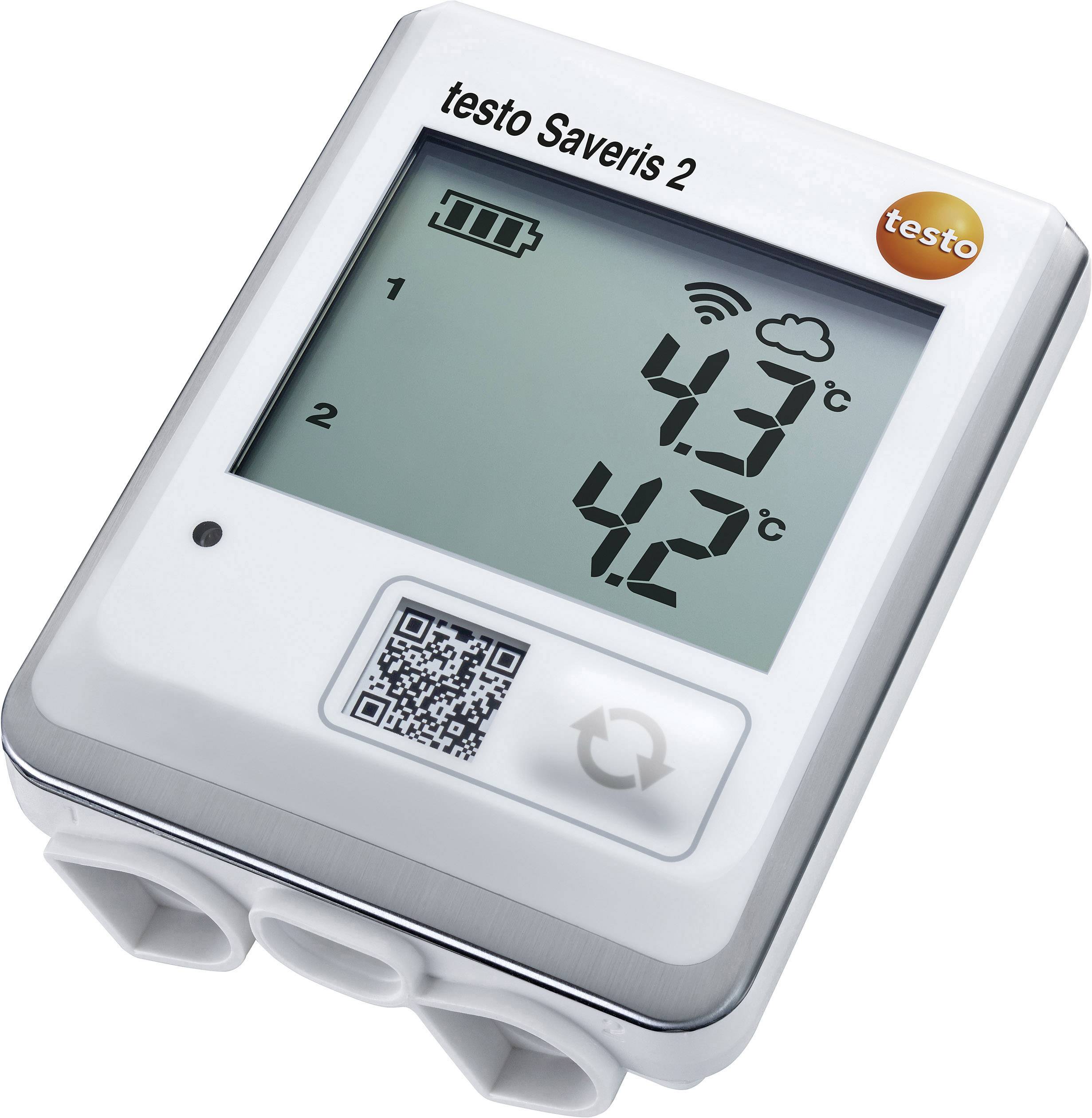 Temperature measuring device with display shows '4.3°C' and '4.2°C'. Battery status and Wi-Fi symbols present, QR code at the bottom.