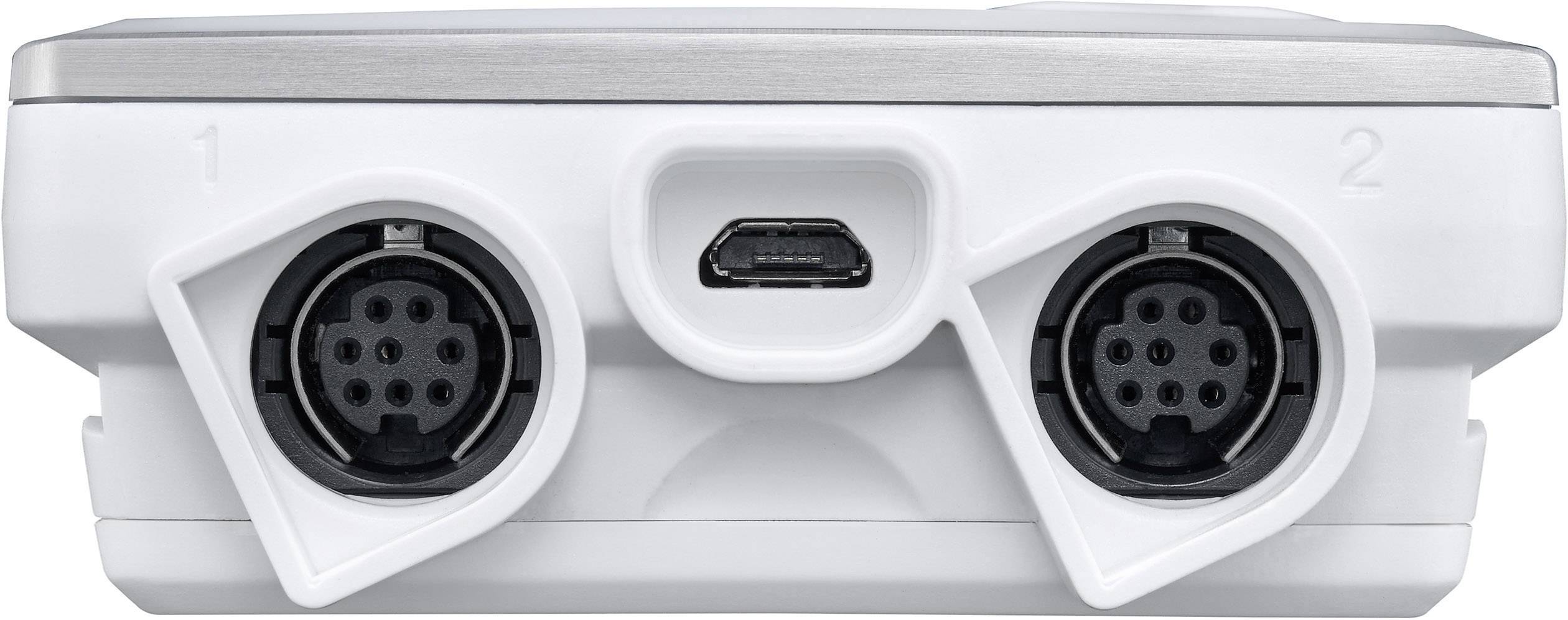 A white device with two round ports and a smaller rectangular port in the centre, numbered 1 and 2.