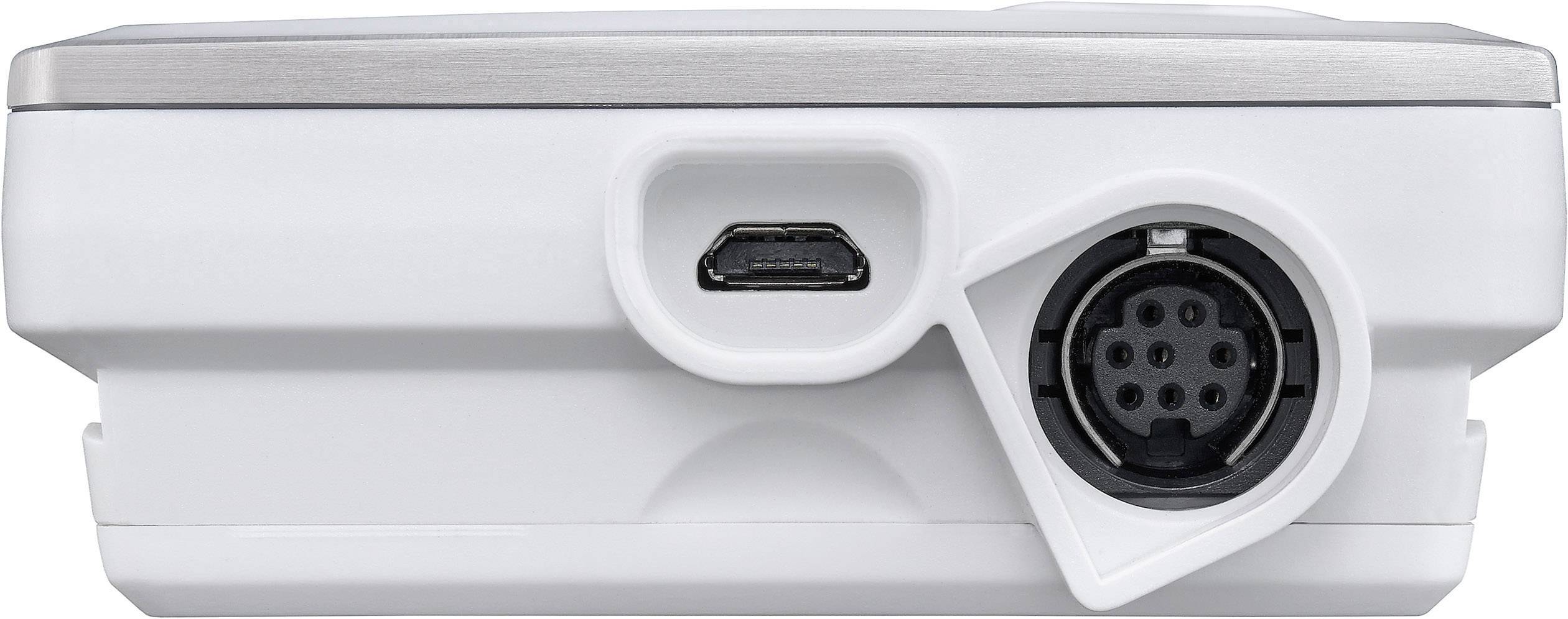 A white technical device with a USB port and a round multi-pin connector, presumably for electronic connections.