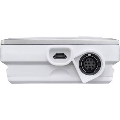 A white technical device with a USB port and a round multi-pin connector, presumably for electronic connections.