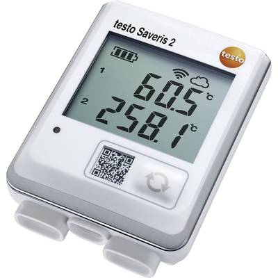 Digital thermometer with two temperature displays: 60.5°C and 25.8°C. Battery status indicator and QR code visible.