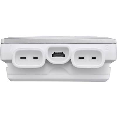 A white device with two rectangular ports, numbered '1' and '2', and a smaller, central USB port.