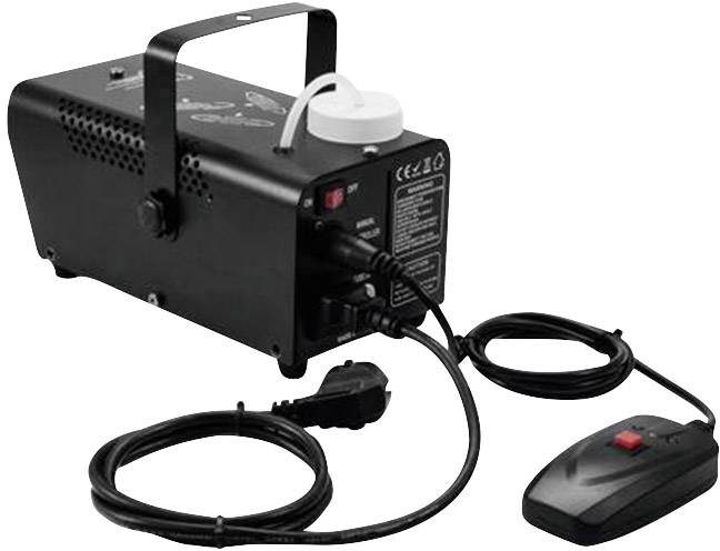 A black fog machine with cables and a control unit. It is electrically powered and has a liquid supply on top.