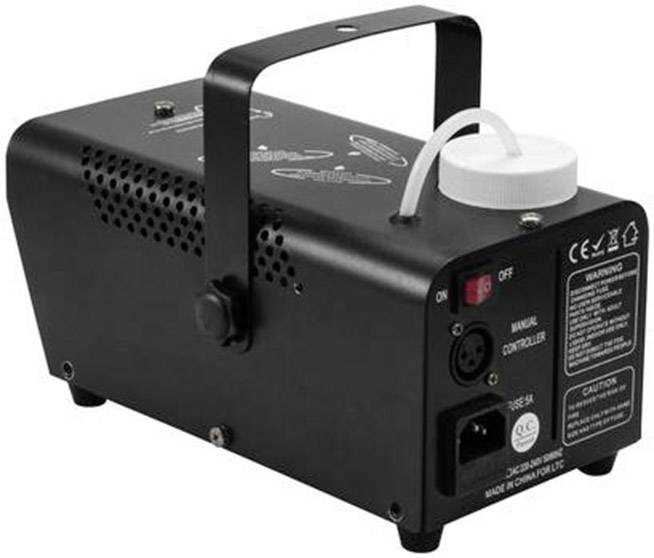 A small fog machine in black with a control panel and power connection. It has a carry handle and a white liquid container.