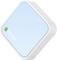 A white and blue mini-router from TP-Link with a green LED indicator on the front.