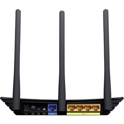 A black Wi-Fi router with three aerials and multiple ports at the back, including a power socket and an internet connection, along with four Ethernet ports.