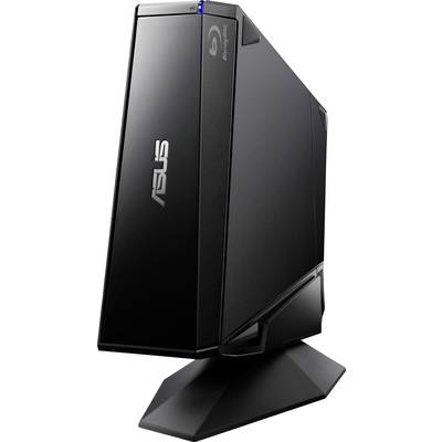External ASUS Blu-ray Writer in Black on Desk Stand. Model Name Visible on Device. Compact, Elegant Design.