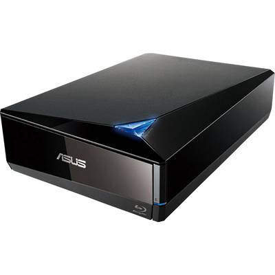 Black ASUS Blu-ray drive with contemporary design and blue LED light on the top surface.