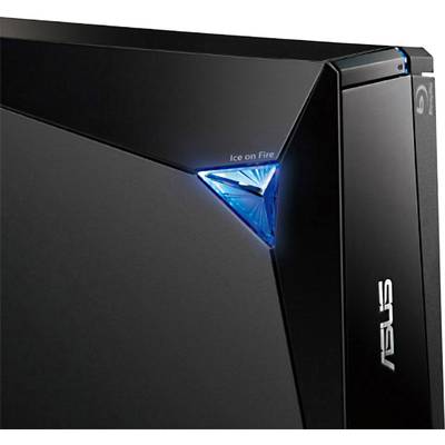Computer case with blue-illuminated triangle and 'Ice on Fire' text, marked with an ASUS logo.