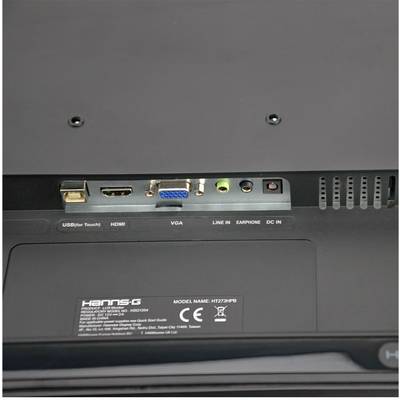 Rear view of a monitor with multiple ports: HDMI, VGA, USB, Line In, Earphone and DC In. Manufacturer's brand and model number visible.