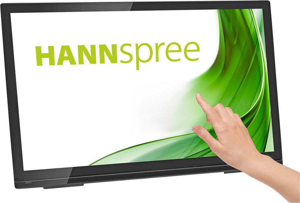 'Touchscreen monitor by HANNspree with green design. A hand points to the screen, which displays a green pattern.'