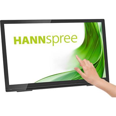 'Touchscreen monitor by HANNspree with green design. A hand points to the screen, which displays a green pattern.'