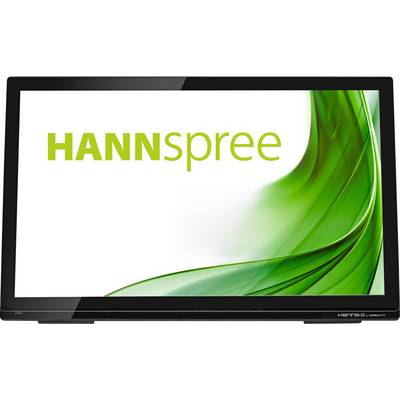 'Monitor with the brand name HANNSPREE and a green design element on the screen.'