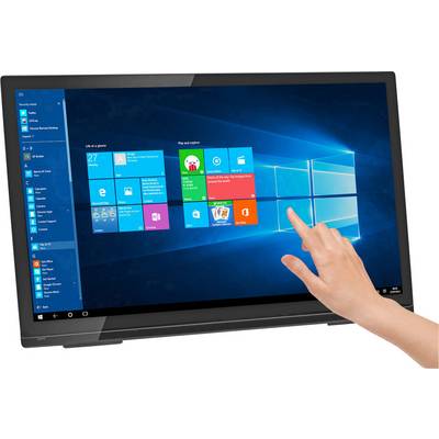 A hand touches the screen of a switched-on laptop with a tile-style interface in the Windows design.