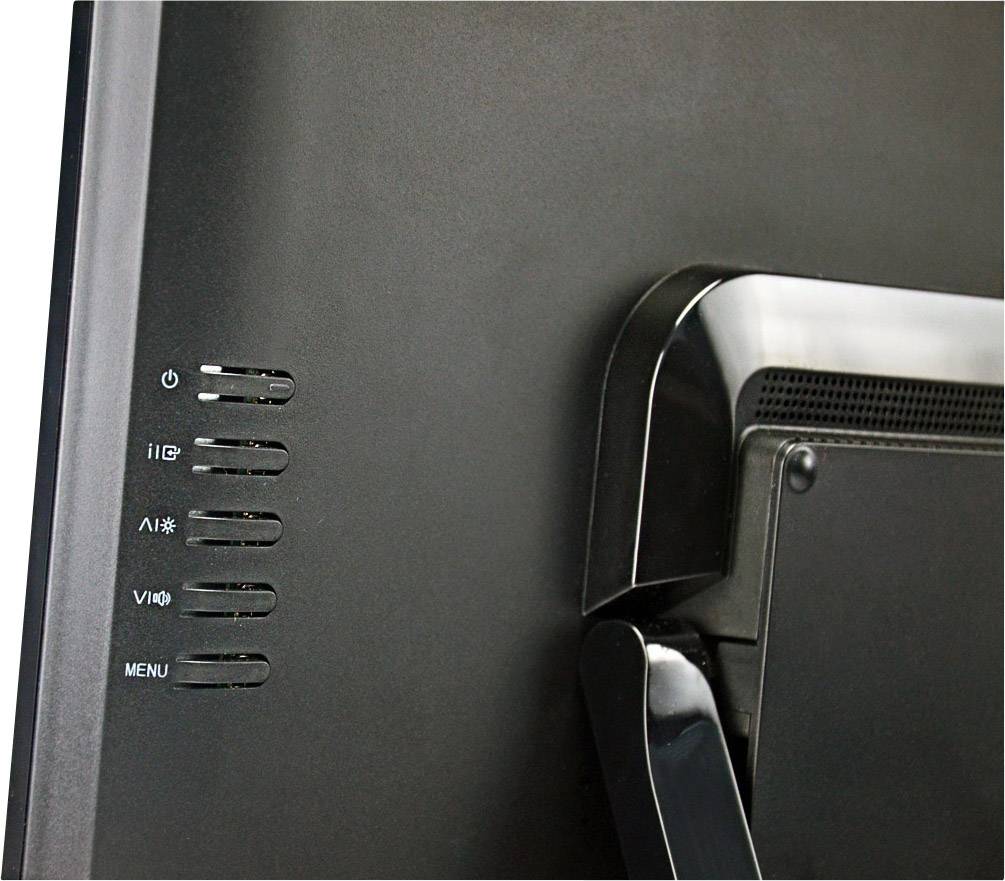 Rear view of a computer monitor with buttons on the side, including power on/off, input switch, and menu access.