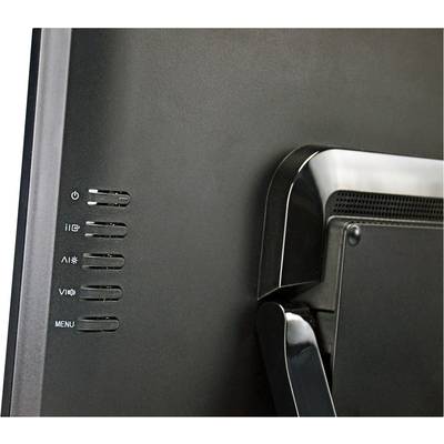 Rear view of a computer monitor with buttons on the side, including power on/off, input switch, and menu access.