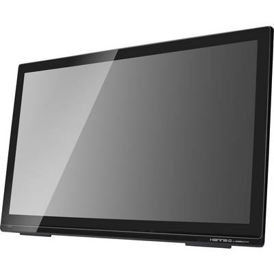 A black, rectangular monitor with a reflective surface, tilted backwards, on a white background.
