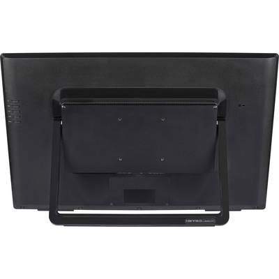 Rear view of a black monitor with a sturdy stand, suitable for use on desks or workspaces.