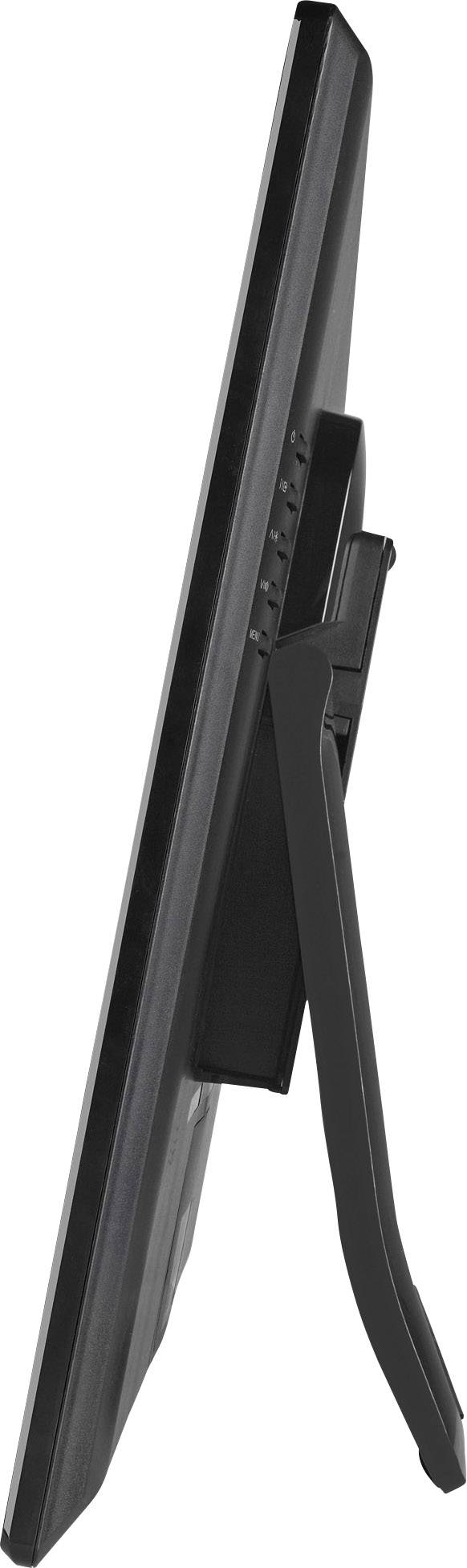 A black monitor from the side, showing its slim profile and stand.