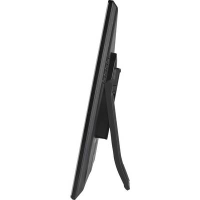 A black monitor from the side, showing its slim profile and stand.