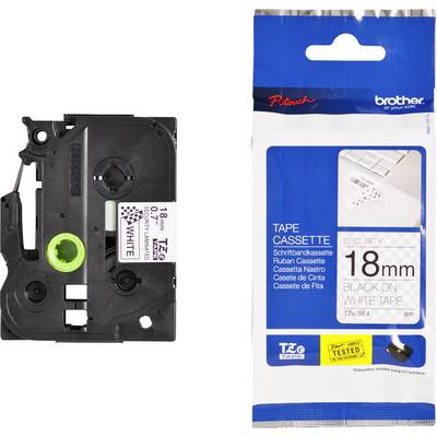 Black cassette case with visible white label reading '18mm White TZe-S241'. Packaging on the right with similar details.