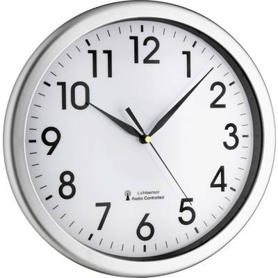 Analogue wall clock showing 10:10. Silver frame, white dial with black numerals and hands.