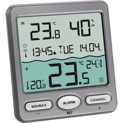 Digital thermometer shows indoor temperature 23.8°C, humidity 40%, time 13:45, date Tuesday, 14th April, and outdoor temperature 24.1°C.