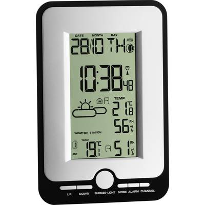 Electronic weather station displays date '28/10', time '10:38', indoor and outdoor temperature (21.8°C, 19°C) and humidity (56%, 51%).
