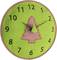 Round wall clock with green fabric cover, red tartan pattern in the shape of a Christmas tree in the centre, black numbers and hands.
