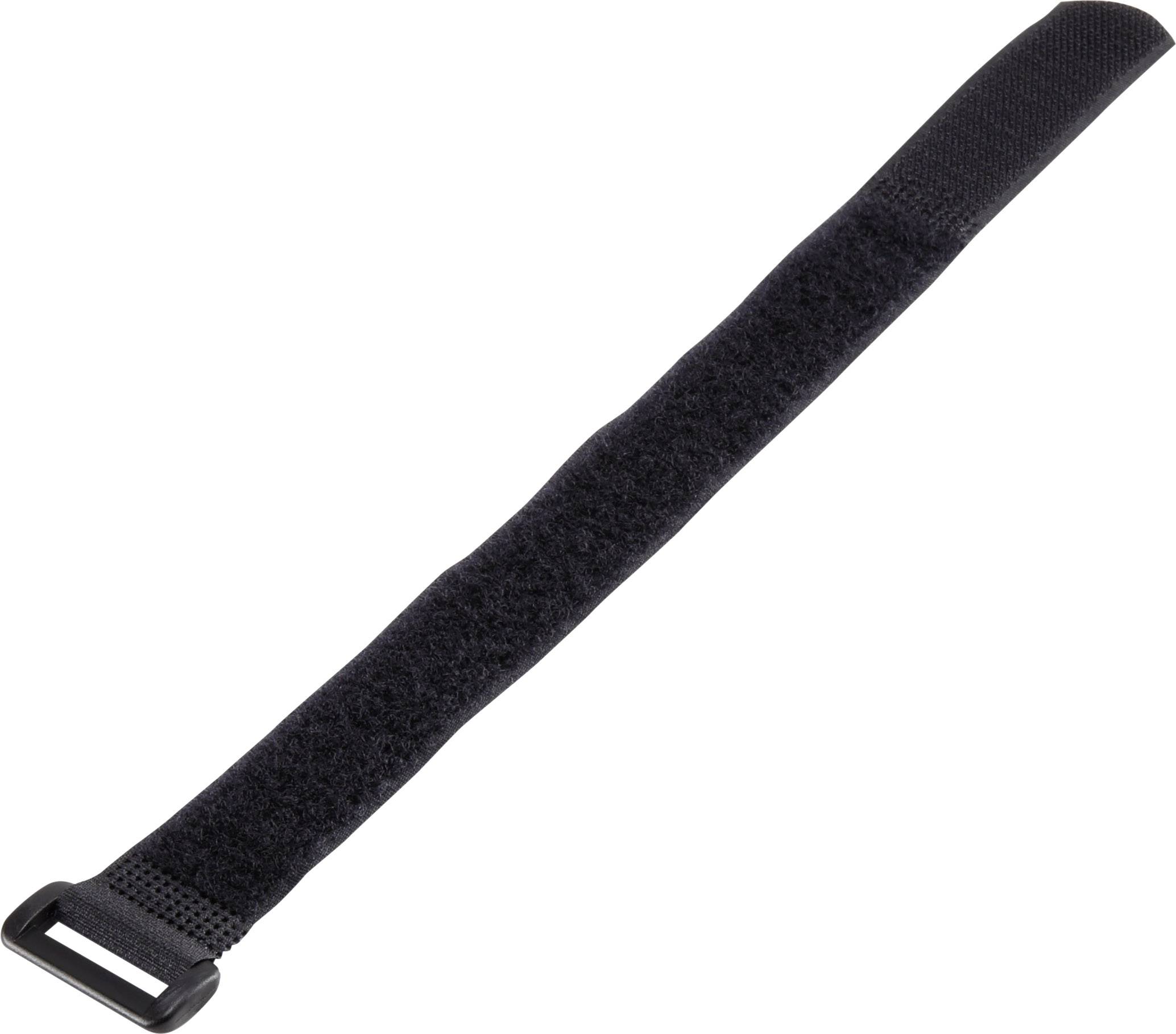 Black hook and loop strap with plastic buckle, lying flat. Suitable for bundling or securing items.