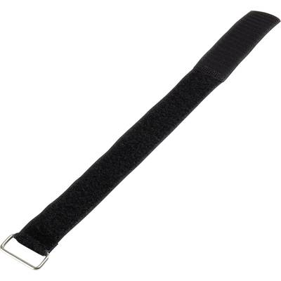 A black hook and loop strap with a metal buckle at one end.