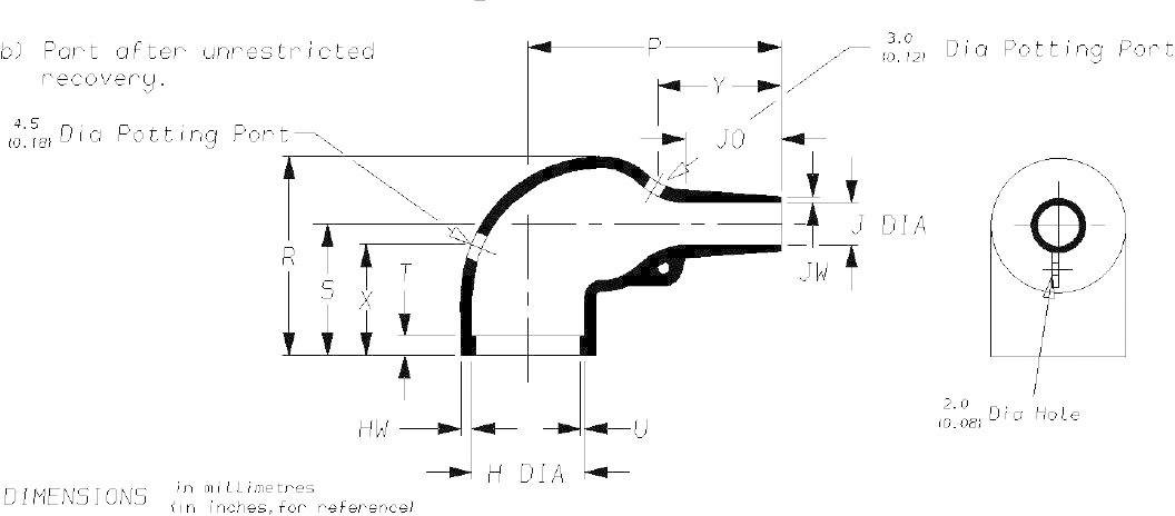 Technical drawing of an angle connector with dimensions in millimetres. Shows views and cross-section with labels for precise specifications.