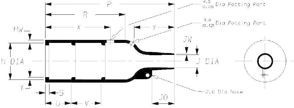 'Technical drawing of an end piece with dimensions'