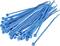 A stack of blue cable ties lies untidily on a white background.