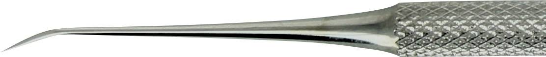 Close-up of a sharp, metallic dental instrument with a ridged handle, used for dental cleaning.