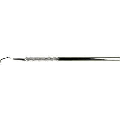A dental probe with a curved end and a textured handle, used for cleaning or examining teeth.