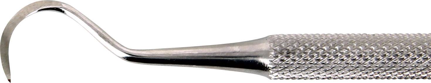 A dental hand instrument made of metal with a curved end, used for removing tartar and plaque. The handle has a textured surface for improved grip.